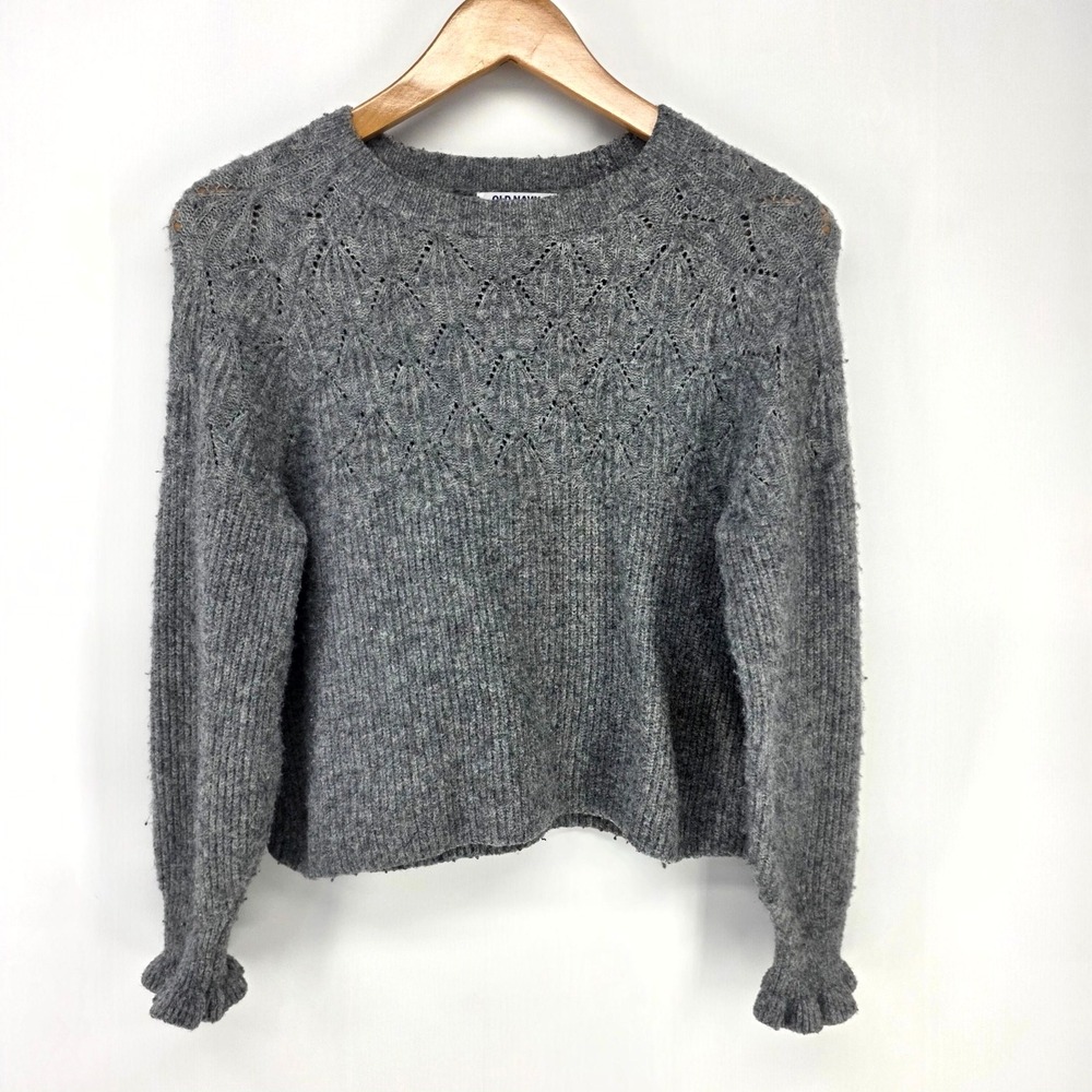 Old Navy Sweater Womens M Gray Pointelle Eyelet Ruffle Cuff Knit Pullover Cozy